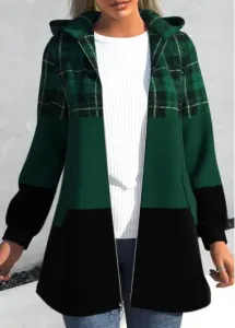 Modlily Blackish Green Patchwork Plaid Long Sleeve Hooded Jacket - M
