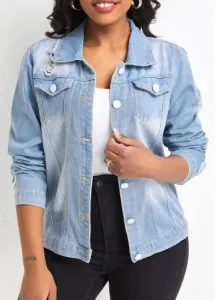 Modlily Light Blue Pocket Long Sleeve Shirt Collar Jacket - L