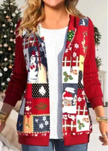 Modlily Red Zipper Christmas Print Long Sleeve Hooded Jacket - M