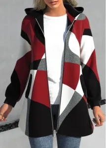 Modlily Red Zipper Geometric Print Long Sleeve Hooded Jacket - S