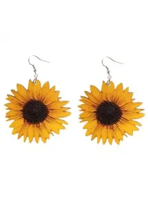 Modlily 1 Pair Yellow Wood Sunflower Design Earrings - One Size