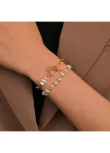Modlily Asymmetric Pearl Gold Metal Bracelet Set - One Size