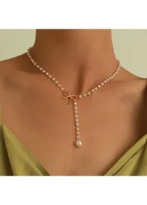 Modlily Bowknot Design Gold Pearl Detail Necklace - One Size