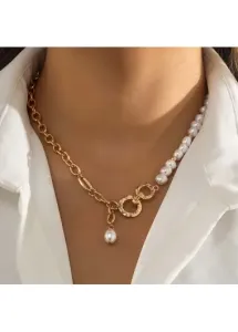 Modlily Chain Detail Golden Metal Pearl Necklace - One Size