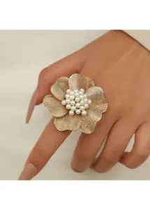 Modlily Champagne Floral Detail Pearl Design Ring - One Size