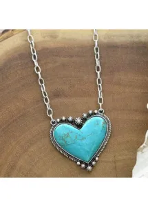 Modlily Cyan Heart Alloy Detail Retro Necklace - One Size