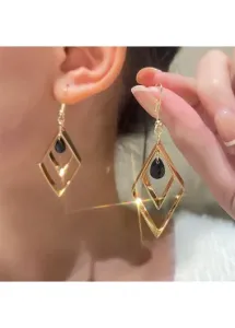 Modlily Gold Alloy Rhombus Black Rhinestone Pendant Hollow Earrings - One Size