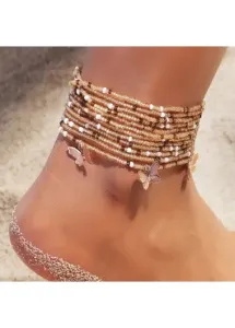 Modlily Gold Butterfly Beads Detail Layered Anklet Set - One Size
