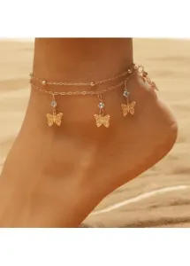 Modlily Gold Butterfly Rhinestone Layered Design Anklet - One Size