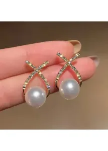 Modlily Gold Cross Pearl Design Rhinestone Earrings - One Size