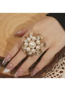 Modlily Gold Floral Design Pearl Detail Ring - One Size