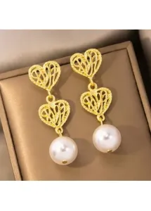 Modlily Gold Heart Shape Design Pearl Detail Earrings - One Size