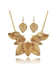 Modlily Gold Leaf Design Necklace and Earrings - One Size