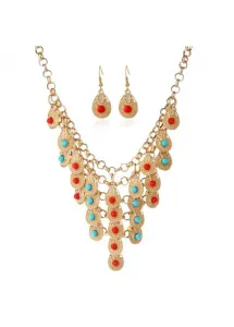 Modlily Gold Metal Detail Layered Necklace and Earrings - One Size