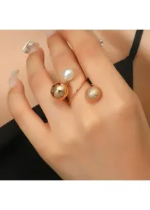 Modlily Gold Metal Detail Pearl Openning Rings - One Size