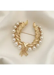 Modlily Gold Pearl Design Leaf Detail Brooch - One Size