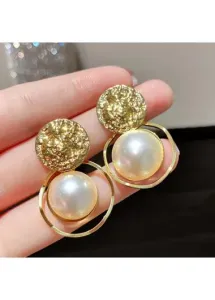 Modlily Gold Round Metal Detail Pearl Earrings - One Size