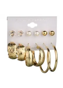 Modlily Gold Round Pearl Rhinestone Earring Set - One Size