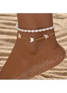 Modlily Golden Asymmetrical Design Pearl Dtail Anklet Set - One Size