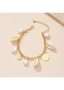 Modlily Golden Asymmetrical Metal Detail Pearl Bracelet - One Size