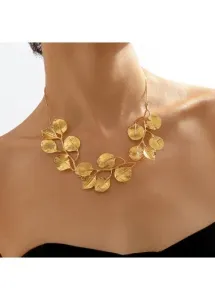 Modlily Golden Leaf Design Alloy Detail Necklace - One Size