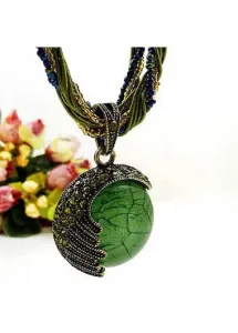 Modlily Grass Green Round Alloy Beads Detail Necklace - One Size