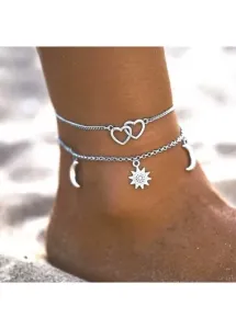 Modlily Metal Detail Silver Heart Anklet Set - One Size