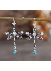 Modlily Multi Color Dragonfly Design Rhinestone Earrings - One Size
