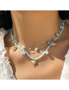 Modlily Multi Color Gold Metal Asymmetrical Necklace Set - One Size