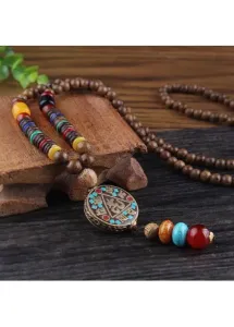 Modlily Multi Color Round Tribal Design Wooden Necklace - One Size