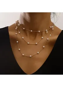 Modlily Patchwork Layered White Pearl Detail Necklace - One Size