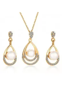 Modlily Pearl Design Rhinestone Detail Gold Necklace Set - One Size