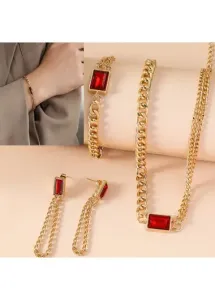 Modlily Red Rectangle Alloy Earrings Necklace and Bracelet - One Size