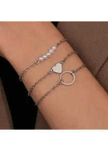 Modlily Silver Asymmetrical Design Pearl Detail Bracelet Set - One Size