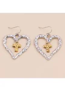 Modlily Silver Heart Valentine's Cross Design Earrings - One Size