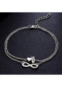 Modlily Silver Layered Letter and Heart Design Anklet - One Size