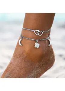 Modlily Silver Moon Layered Heart Design Anklet Set - One Size