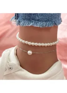 Modlily Silver Round Pearl Design Layered Anklet Set - One Size