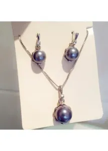 Modlily Silver Round Pearl Earrings and Necklace - One Size