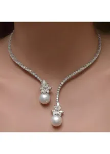 Modlily Silver Round Rhinestone Pearl Detail Necklace - One Size
