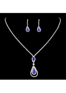 Modlily Silver Teardrop Artificial Zircon Earrings and Necklace - One Size