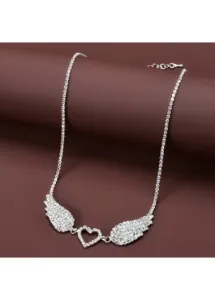 Modlily Silvery White Heart Rhinestone Wing Necklace - One Size