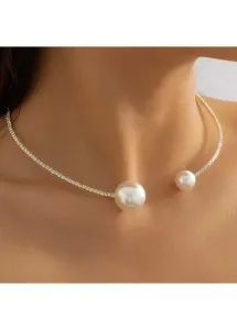 Modlily Silvery White Pearl Detail Asymmetric Design Necklace - One Size