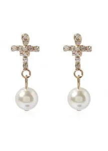 Modlily Silvery White Pearl Round Metal Earrings - One Size