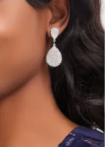 Modlily Silvery White Teardrop Design Rhinestone Earrings - One Size