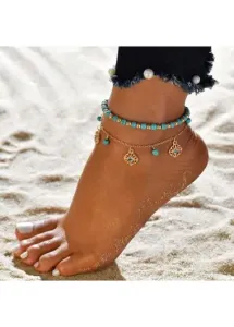 Modlily Turquoise Beads Design Metal Detail Anklet Set - One Size