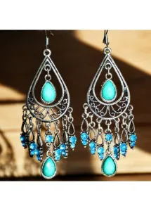 Modlily Turquoise Teardrop Design Rhinestone Tribal Earrings - One Size