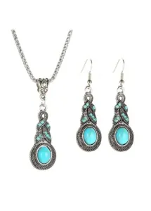 Modlily Turquoise Tribal Design Metal Detail Earrings and Necklace - One Size