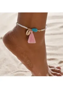 Modlily White Asymmetrical Beads Detail Tassel Anklet - One Size