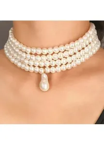 Modlily White Layered Deisgn Pearl Detail Necklace - One Size